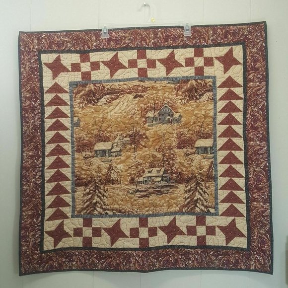 Wall Hanging Rustic Cabin Scenery Red Brown Beige - Picture 1 of 6